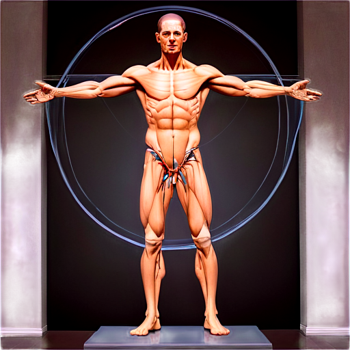 A stoic and overly muscular Vitruvian man standing in an austere circular room. His body is anatomically accurate and technically rendered, revealing every tendon, vein and muscle beneath translucent pale skin. His eyes are tightly closed, as if he is shutting himself out from the world around him. The man is visible only from the waist up; he has four arms. He holds one pair of arms down at an angle of 45 degrees to the body, the second pair of arms extends exactly to the sides parallel to the lower plane. His body appears to mirror the complex diagrams and equations that decorate the chamber's walls, hinting at the complex systems that control his form. - icon | sticker