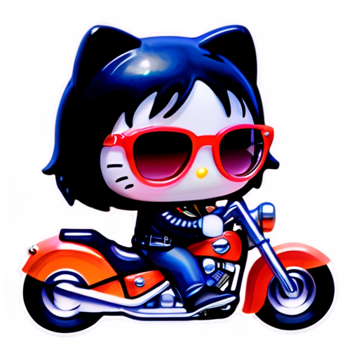 hello kitty wearing cateye sunglasses and a leather jacket riding a harley davidson motorbike driving in the dessert with the sunrise in the horizon, watercolor, white background - icon | sticker