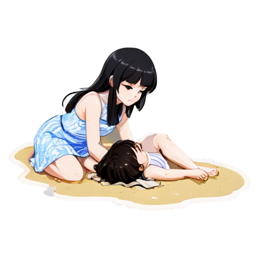 lying on the sand with her back up, heat, white sand, feeding her baby with her salt, in anime style, 2d anime character, white European appearance, young, day, girl, beautiful, dark-haired, curved, slender, pretty, young, without shoes, on the see, - icon | sticker