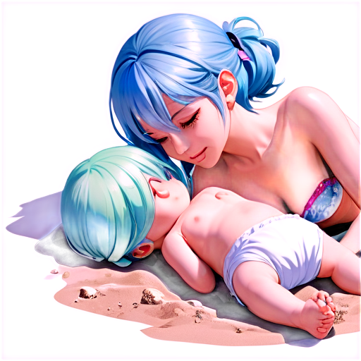 in anime style, day, girl, beautiful, light-blue-haired, slender, pretty, young, without shoes, on the see, lying on the sand with her back up, heat, white sand, feeding her baby with her salt, 2d anime character, white European appearance, young, - icon | sticker