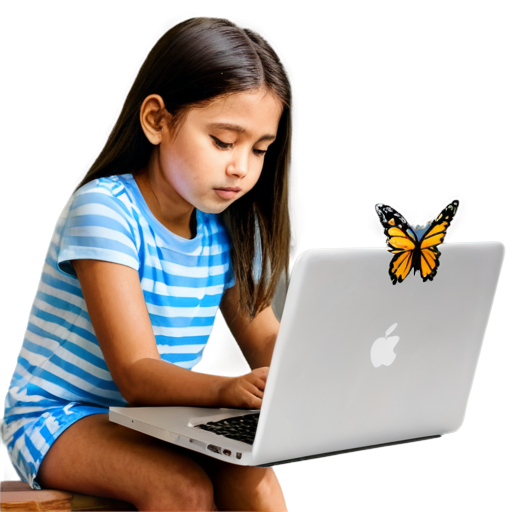 a girl drawing a butterfly using Photoshop at her laptop - icon | sticker