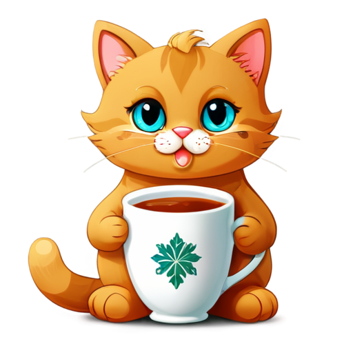 a cute cat is sitting, there is a mug of tea nearby, steam is coming from the mug, there is a gingerbread nearby - icon | sticker