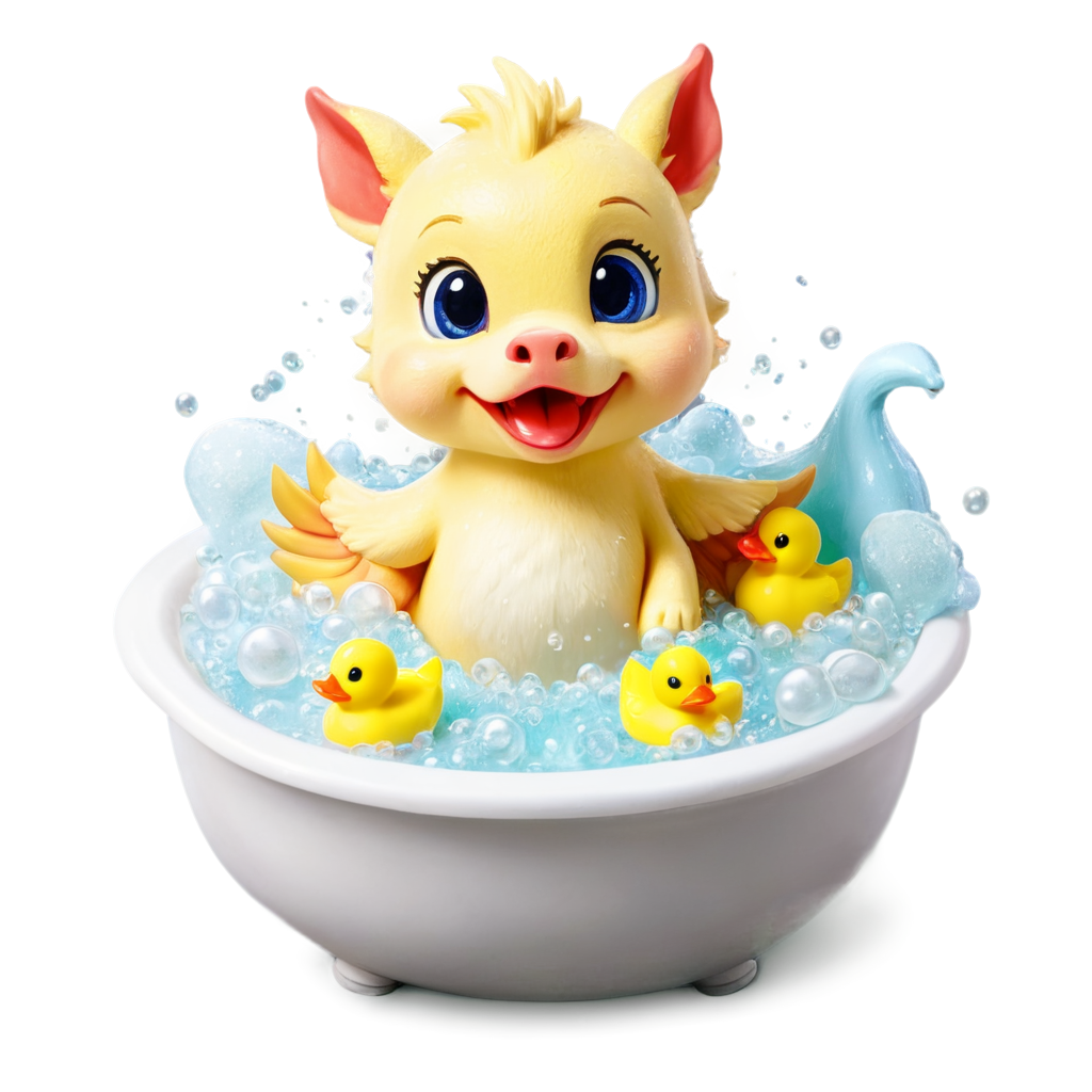 little dragon in a bathtub playing with plastic ducks, cute face, head underwater, blushing, sunshine, multicolored fur, white fur, bubbles, soap, playing with foam, window， cute animal, kawaii - icon | sticker