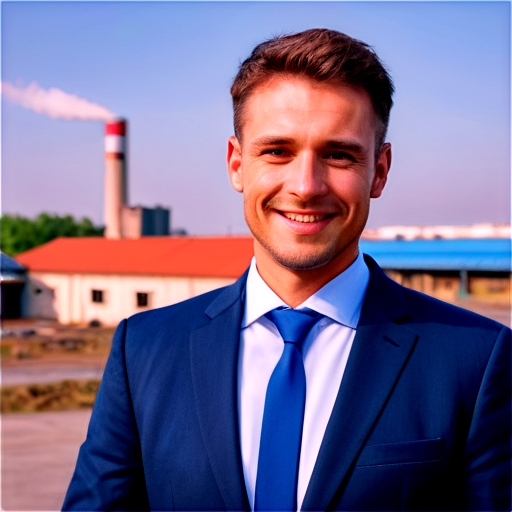 smiling european man, sales agent of the insurance company, with factory in the background, show the upper body - icon | sticker