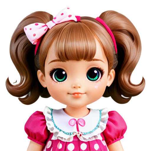 3D chibi-style doll depicting a little girl with big eyes and a cute smile. She has bright hair decorated with bows and is dressed in a colorful outfit with ruffles and bright flowers. The background is soft and playful, with pastel shades emphasizing the childish atmosphere - icon | sticker