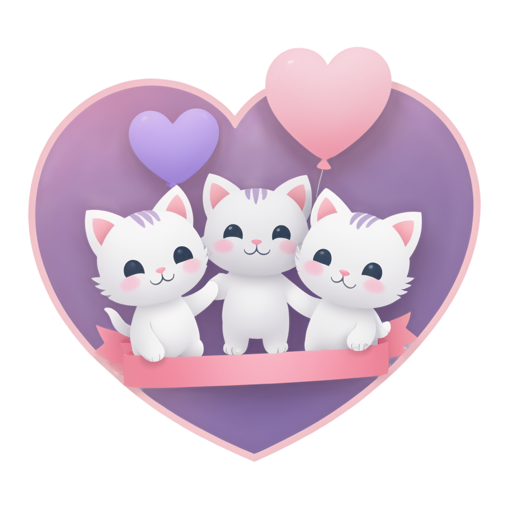 badge design,Playful kittens with a backdrop of pink heart balloons and ribbons. Soft pastel color palette of pink,lavender,and white,with gradient colors,simple solid color background. Illustration cartoon cute art style, - icon | sticker
