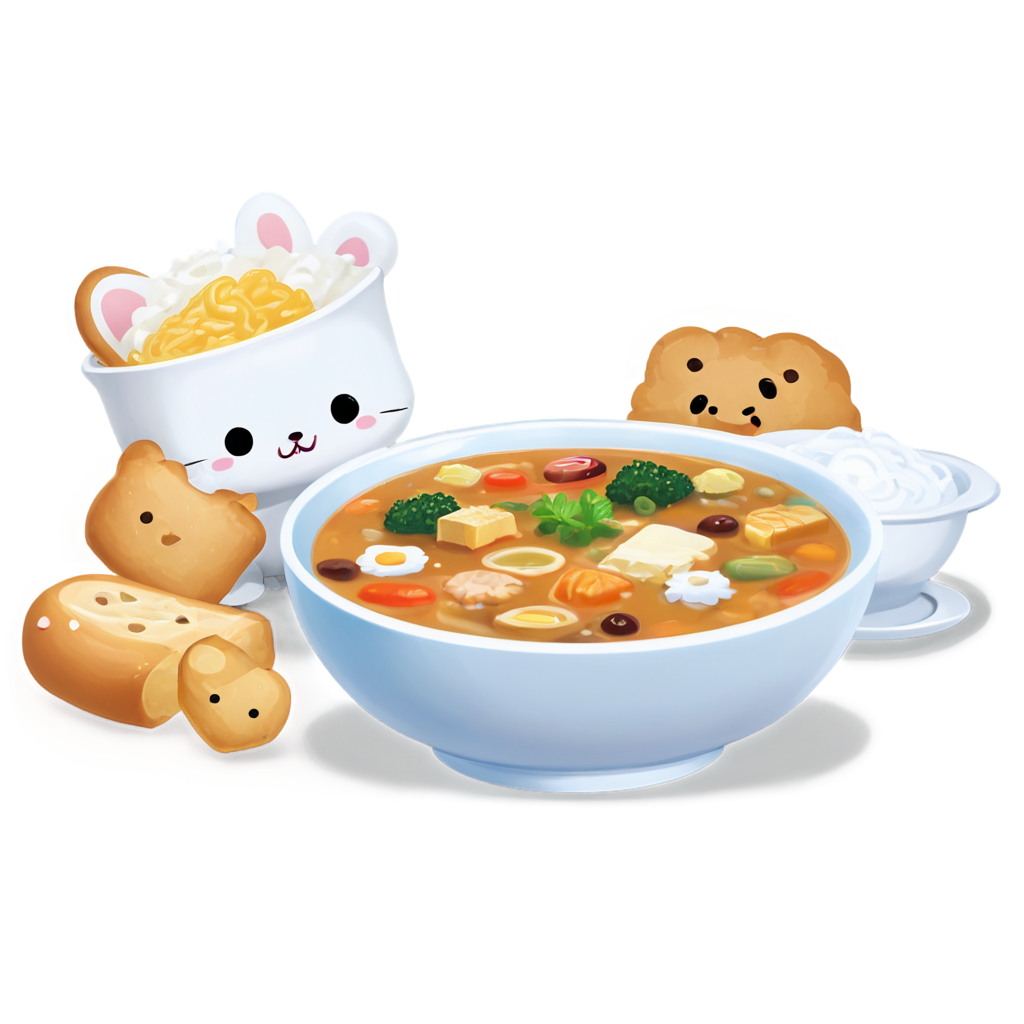 creativity kawaii food,there is a plate with a bowl of soup and some food,food art,adorable design,sanrio,kawaii aesthetic,no humans,no hands,food focus, puppies - icon | sticker