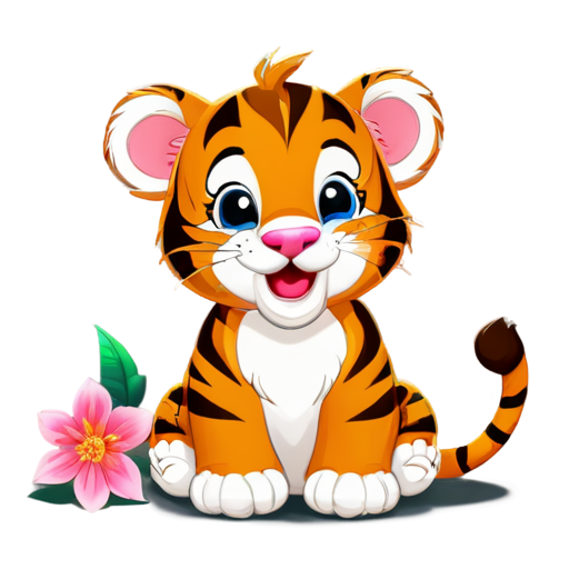 Cute cartoon tiger cub smile with flower - icon | sticker
