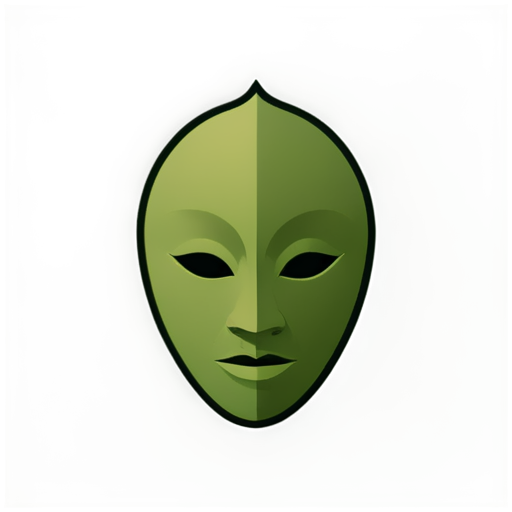 icon of a traditional African mask with a calm, serene expression, under a stylized house roof. Use simple, clean lines and earthy, soothing colors like browns, beiges, and olive greens to convey tranquility and protection. - icon | sticker