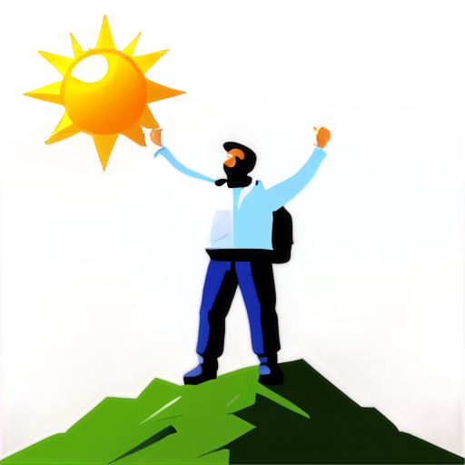 A square mobile phone gaming app icon featuring a cheerful and happy man standing on top of a rugged, majestic mountain peak with a grassy mountainside. The man is raising one ice pick upwards in triumph with his raised hand. The scene includes a clear sky with a bright sun. The design is extremely minimalistic, using bold and bright, highly contrasting colors with very few details. The man is dressed in simple climbing gear and takes up most of the image. The icon fills the entire square and is optimized for mobile devices and ensures cross-platform compatibility. - icon | sticker