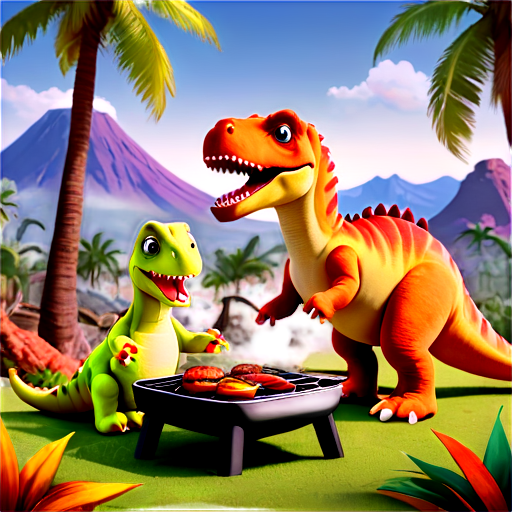 A plush dinosaur family having a barbecue picnic in a prehistoric valley. The scene is playful and colorful, with palm trees, volcanoes in the distance, and other plush dinosaurs playing games. The baby dinosaurs are eagerly watching the food being grilled. - icon | sticker