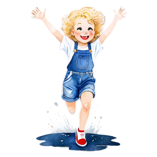 delicate watercolor, careless asymmetrical illustration for a children's book: close-up of a funny girl jumping in a rainbow puddle, playground, clouds, denim jumpsuit, short disheveled blond curly hair, smile, splash art - icon | sticker