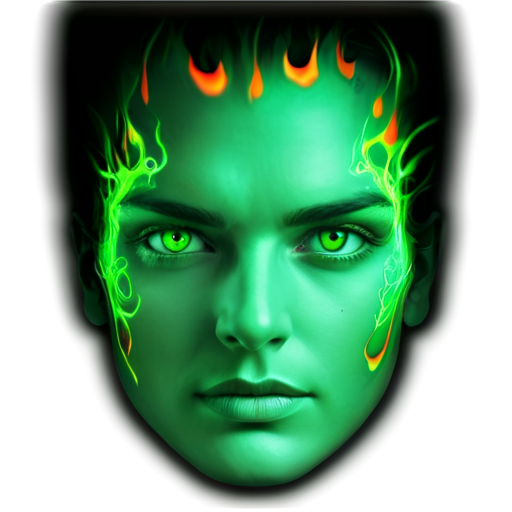 Face in dark with glowing Green eyes and Green flame from it - icon | sticker