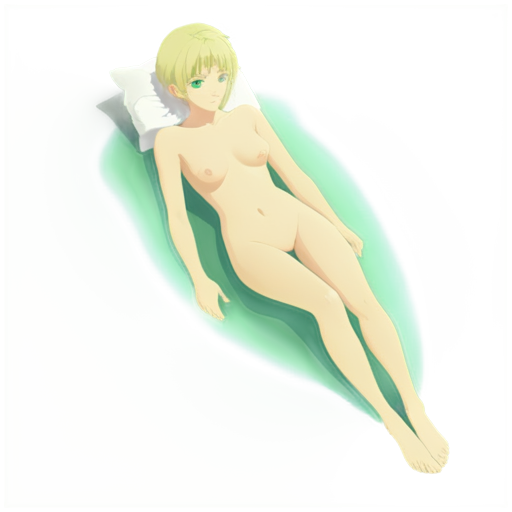 anime style, day, girl, beautiful, short stature, slender, pretty, young, without shoes, on the river, lying on the pool with her back up, heat, white sand, feeding her baby with her salt, 2d anime character, white European appearance, back end. oung anime young girl character with blond curly. She has large, expressive green eyes. teen, tiny - icon | sticker