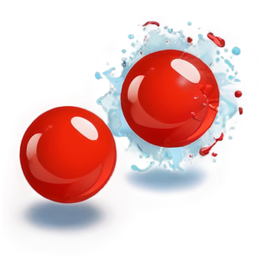 Flat blue background. On foreground two balls splash each other. One ball dark blue. Second ball red. Under each ball lay trail - icon | sticker