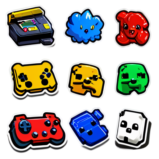 Design an image that represents a vibrant and dynamic collection of video games. Incorporate elements like game controllers, icons, and characters from various game genres, with a slight blur to give a sense of numerous successful projects. The background should be colorful and engaging." - icon | sticker