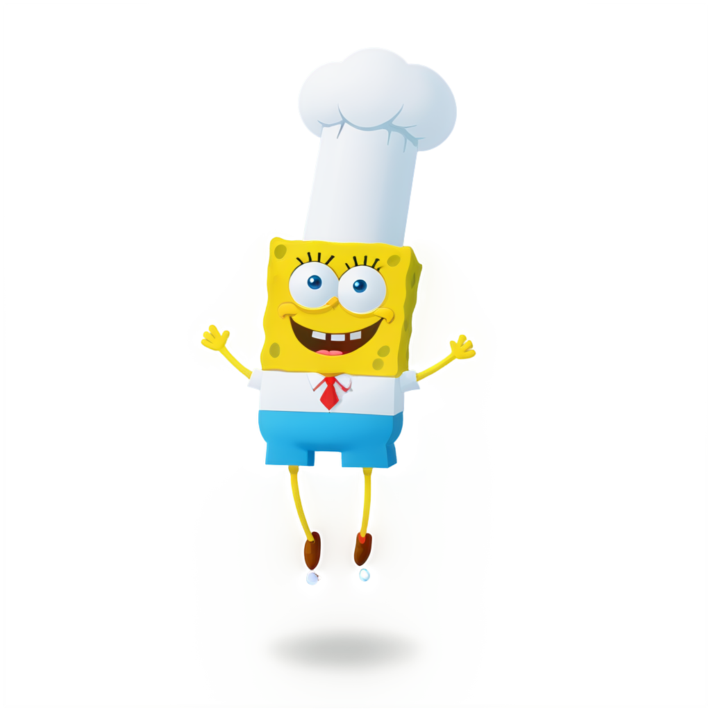 A SpongeBob SquarePants full body, with white chef hat, 3d icon,fine lustre, colorful, floating bubbles - icon | sticker