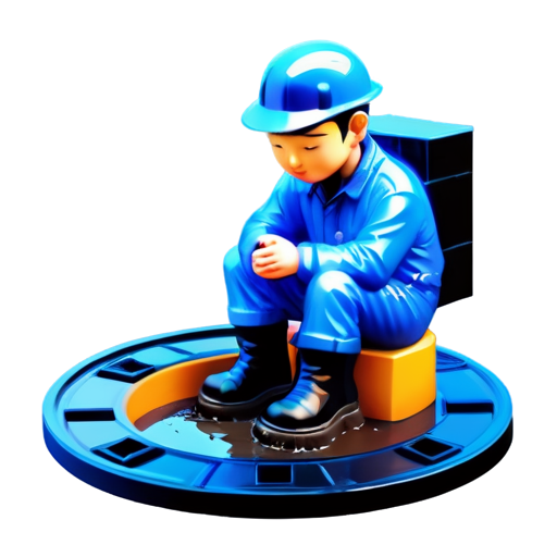 A man in blue overalls and black boots with dried mud on his toes looks into an open sewer manhole - icon | sticker