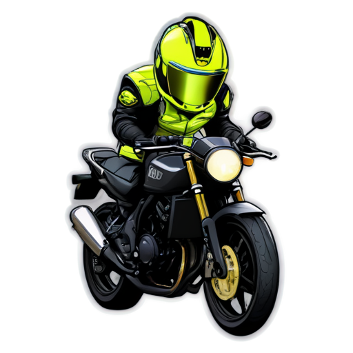 caricature style cartoon motorcycle rider with black gear and black sports helmet, black visor and fluorescent yellow parts. Riding a honda cb500 style motorcycle that is mainly black with fluorescent yellow fuel tank and tail - icon | sticker