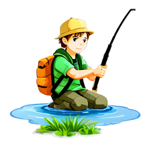 A fisherman with a fishing rod and a gun lying next to the background of the lake - icon | sticker