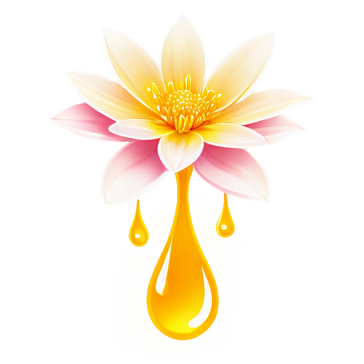 Icon: An open flower with a drop of oil falling from it. Colors: The flower is light pink, and the drop is yellow or golden. - icon | sticker