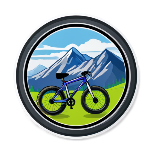 round bicycle wheel, few colors, graphic style, like a picture, wheel for a bicycle with mountains on a background, background with a mountain, logo, logo style, logo for a channel - icon | sticker