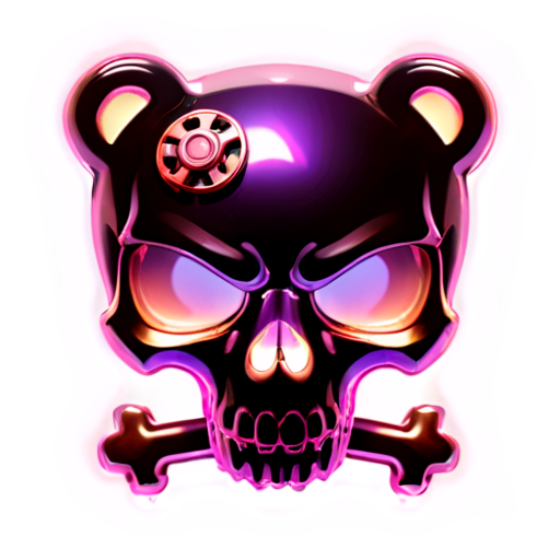 A furry bear skull burning in a purple-pink flame, behind which is a bat and a steampunk wrench folded into a cross - icon | sticker