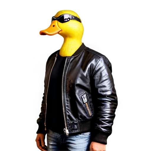 Cool duck in leather jacket creates something on black background - icon | sticker