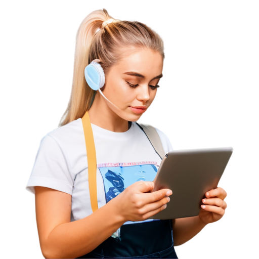 a young graphic designer girl with blonde hair pulled back in a high ponytail, holding a tablet in her hands and talking on the phone, rubs in delicate pastel colors - icon | sticker