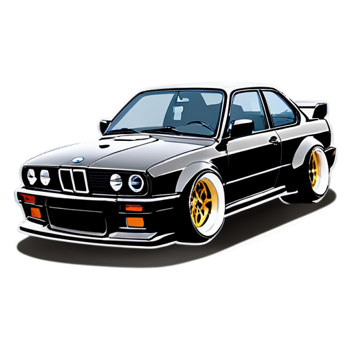 Black BMW e30 coupe rocket bunny widebody kit, Colorized, flat style - icon | sticker