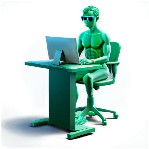 3d human employee is working at a computer in green shades - icon | sticker