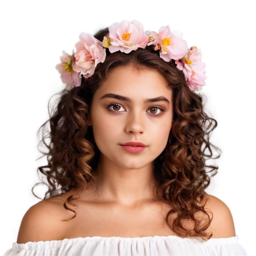 Realistic girl with long curly hair. She has brown eyes and plump lips. The girl has a wreath of pink flowers on her head. She is wearing a white off-shoulder dress. She wears a necklace of flowers around her neck. The girl stands against the background of a blurry spot. digital illustration, 3D, watercolor, bright colors, white background PNG - icon | sticker