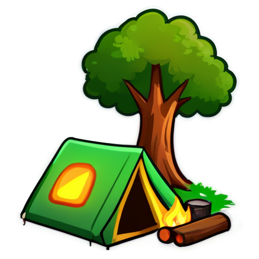 Design an icon for a student camping trip for middle school including a tent, campfire, and trees. the icon should be colorful and convey a sense of adventure and learning - icon | sticker