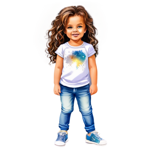 A funny little girl in full height, she is wearing shiny rhinestone sneakers with long, wavy hair, featuring a mixture of blue and brown tones. Her makeup includes large, expressive eyes with detailed lashes and a hint of sparkling glitter below her eyes. Vibrant colors. Сolorful (3D) watercolor illustration. White background. - icon | sticker