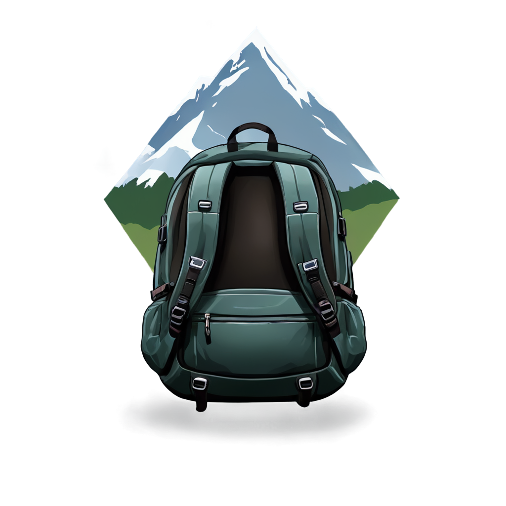 A pictorial logo design, a backpack in front of a mountain, convey the sense of adventure and challenges, minimal and clean - icon | sticker