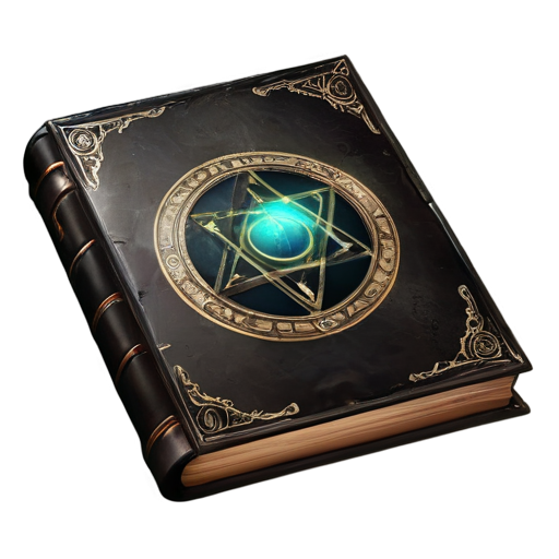 Illustration of an ancient spellbook, with a worn leather cover and arcane symbols, encased within a clear glass orb. The book appears old and powerful, with glowing runes on the cover. The glass orb is transparent, allowing the details of the spellbook to be clearly visible, with a faint magical aura surrounding it. The background is neutral, highlighting the mystical nature of the spellbook and the smooth surface of the glass orb. High-definition, fantasy-style art. - icon | sticker