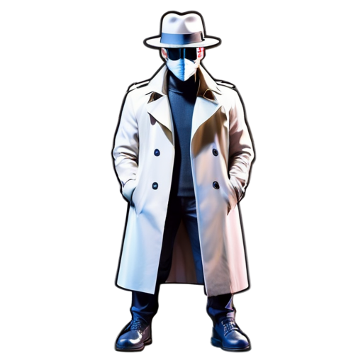 Epic full-body illustration of Rorschach, standing menacingly with his mask, urban alley background, trench coat and hat, intense and mysterious expression, dynamic lighting, high-definition, realistic style. - icon | sticker