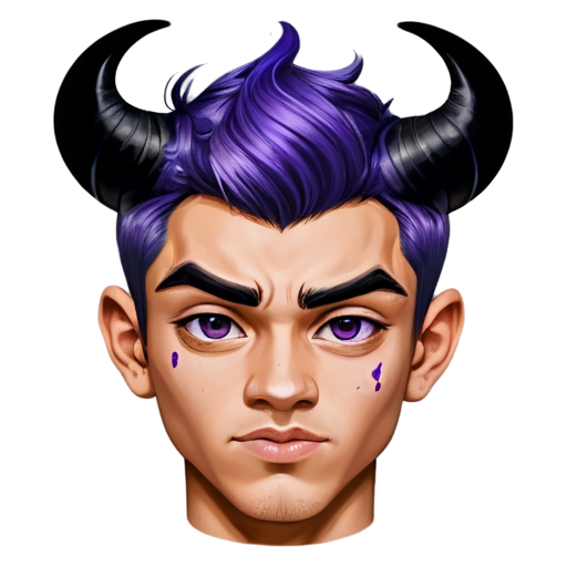 The head of a guy with purple skin, the guy has horns and a large black birthmark on the right side of his face (Cute drawing, astonishment)) - icon | sticker