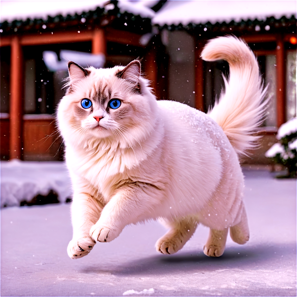 ragdoll,running,jip,snow,snowing,traditional Chinese architecture,winter,outdoor,(close-up:1),cold weather,(animal portrait:1),clarity,falling snowflakes,daytime,sky, - icon | sticker