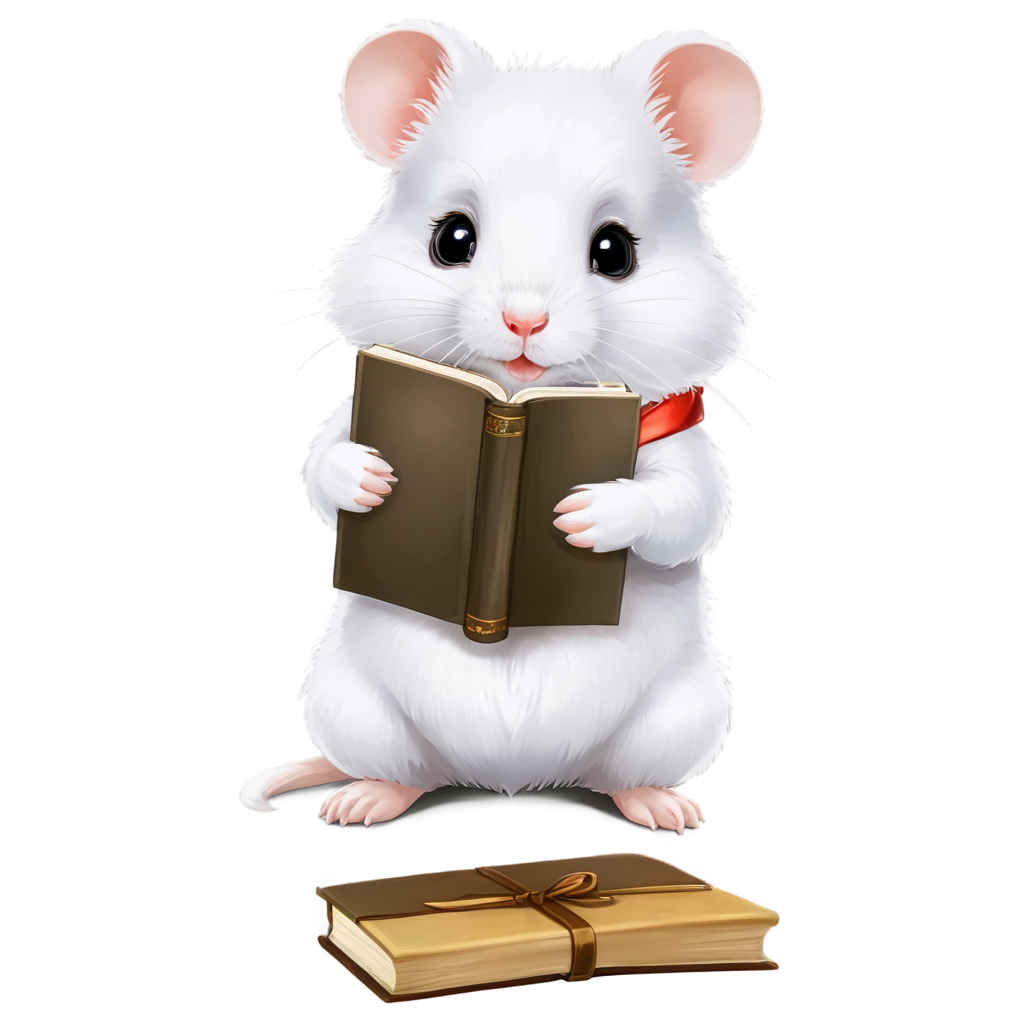 a cute little white hamster, animal focus, ribbon bow on head, fluffy, on a desk, holding a book, reading a book, looking up, curious face,adorable kawaii, chibi, muxiaobai, kawaiilogos - icon | sticker