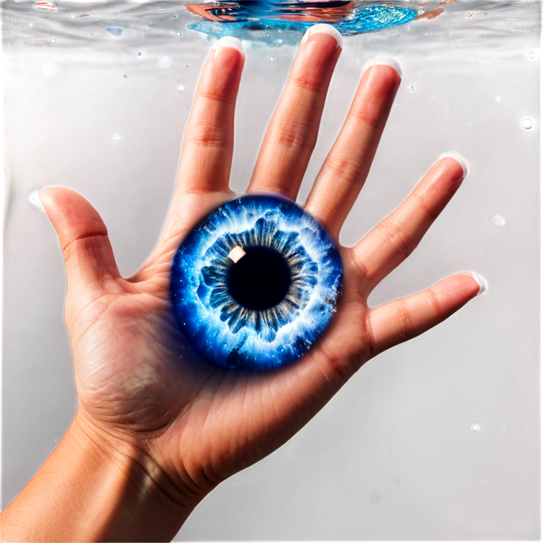 a breathtaking underwater photo of a hand underwater touching the surface to create a ripple of bright abstract eye galaxy nebula vortex of beauty and nature, sunlight and chaos - icon | sticker