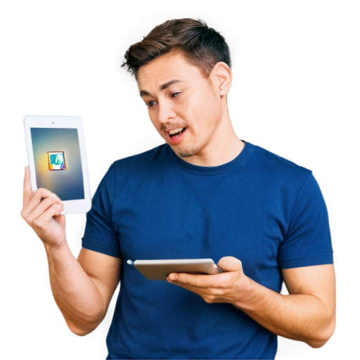 an image of a man up to his chest demonstrates a tablet with a picture with noise from old TVs, while with his right hand he breaks an apple on the screen, part of the apple flows down the tablet - icon | sticker