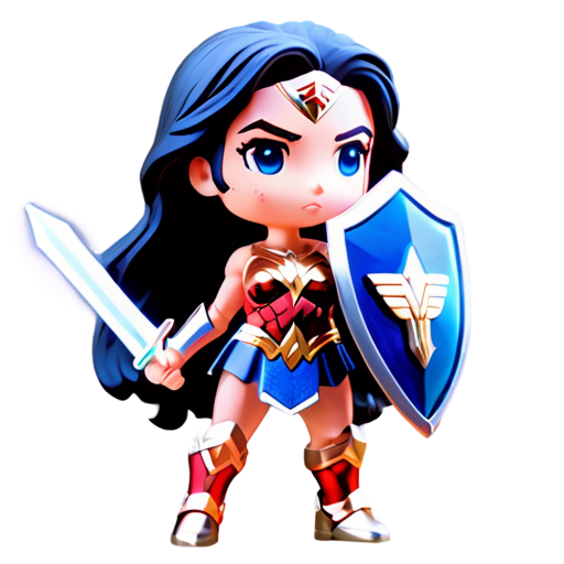 Epic full-body illustration of Wonder Woman, standing powerfully, with her sword and shield, in a battle-ready pose, mythical background, detailed armor, flowing hair, dynamic lighting, high-definition, realistic style. - icon | sticker