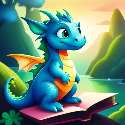 Fairy tale illustration, a cute dragon, chromatic, blue and green scales, bright colors, children's picture books, crayon paintings, blush, <lora:children huiben11-20231007:0.75> . Magical, fantastical, enchanting, storybook style, highly detailed - icon | sticker