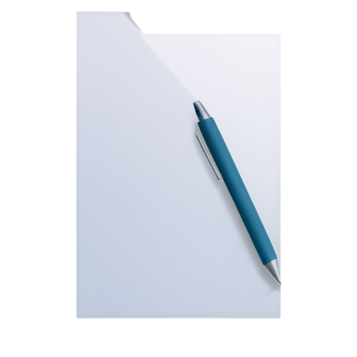 Create a minimalist icon of a single sheet of paper with a slight fold at the bottom right corner. Include a small, simple pen nib in the bottom corner, emphasizing document creation. Use clean lines and a consistent stroke width. - icon | sticker