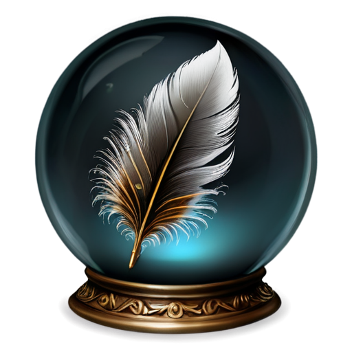 Illustration of a quill, with a sleek feather and ornate handle, encased within a clear glass orb. The quill is suspended slightly inside the orb, with intricate details visible on the feather and handle. The glass orb is transparent, allowing the elegance of the quill to be clearly seen, with a faint magical glow emanating from within. The background is neutral, emphasizing the quill's delicate design and the smooth surface of the glass orb. High-definition, fantasy-style art. - icon | sticker