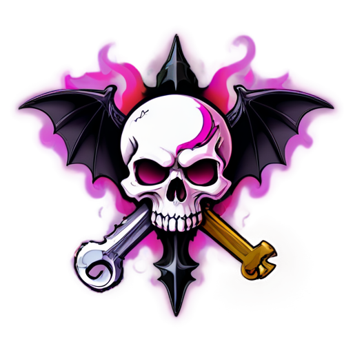 A skull burning in a purple-pink flame, behind which is a bat and a steampunk wrench folded into a cross - icon | sticker