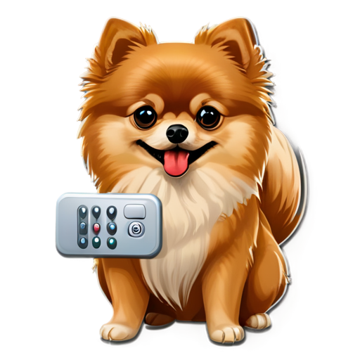 A Pomeranian dog holds a TV remote pointing at the screen - icon | sticker