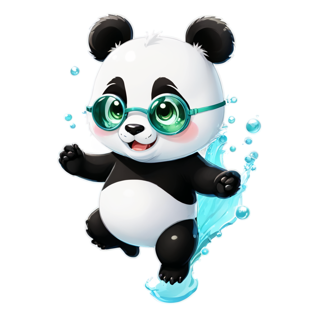 ixar style, MG_ip, panda, goggles, green eyes, bubble, open mouth, underwater, fangs, looking at viewer, solo, goggles on head, no humans, blush, air bubble, full body, animal, furry - icon | sticker