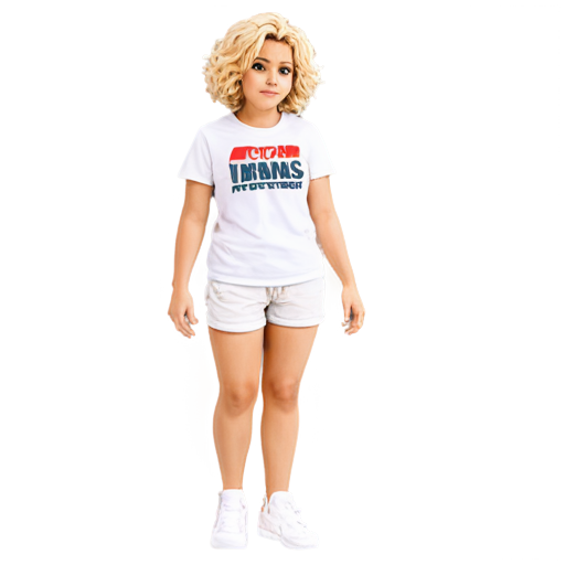 logo for a promts generator Anime, girl, sister, looks like a dwarf, tiny, slim, young, pretty. curly blond hair, not a standard angle, white t-shirt oversize, the relief of theis visible through the white shorts, mini shorts - icon | sticker